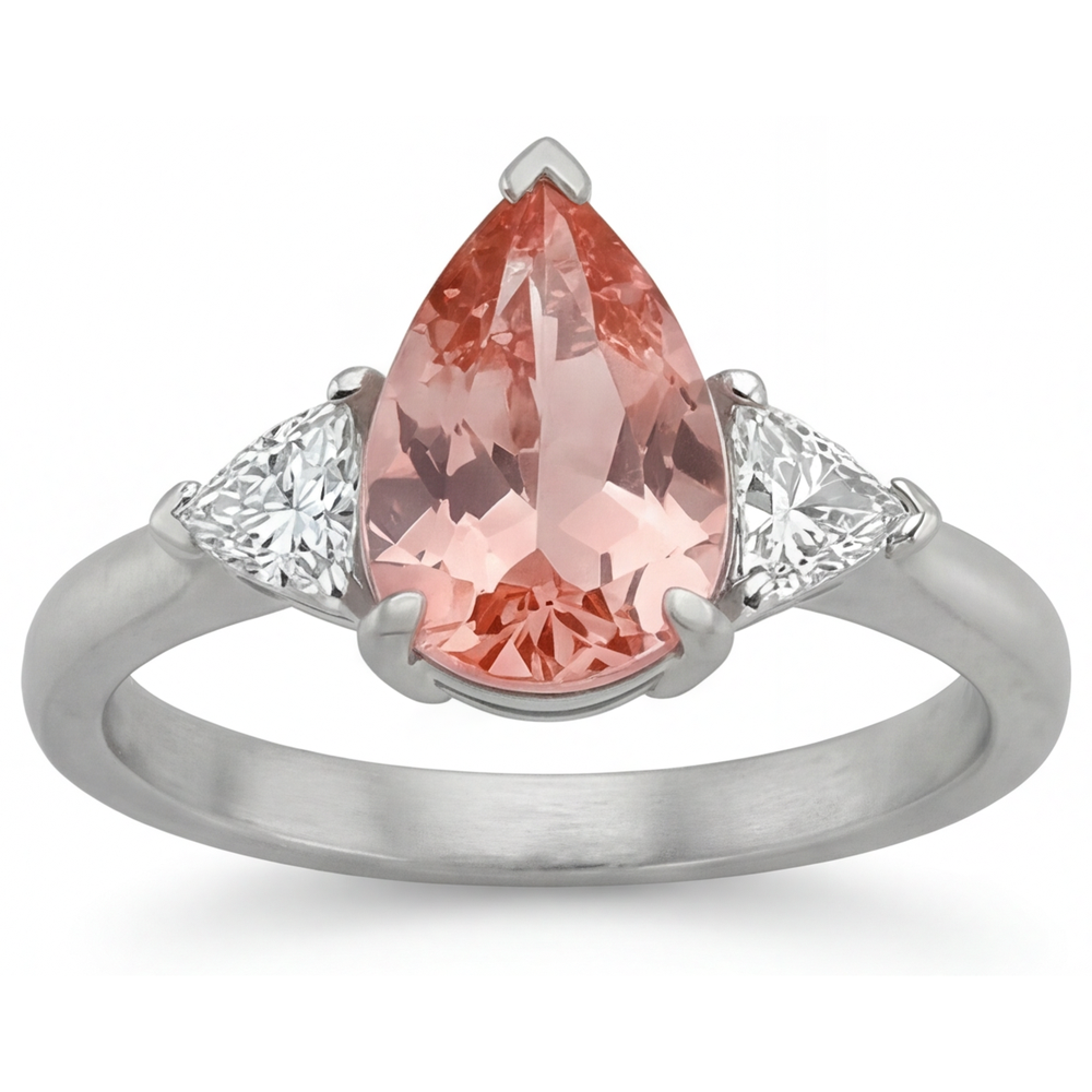 Pear Padparadscha and White Diamond Three Stone Ring Natural 14K White Gold