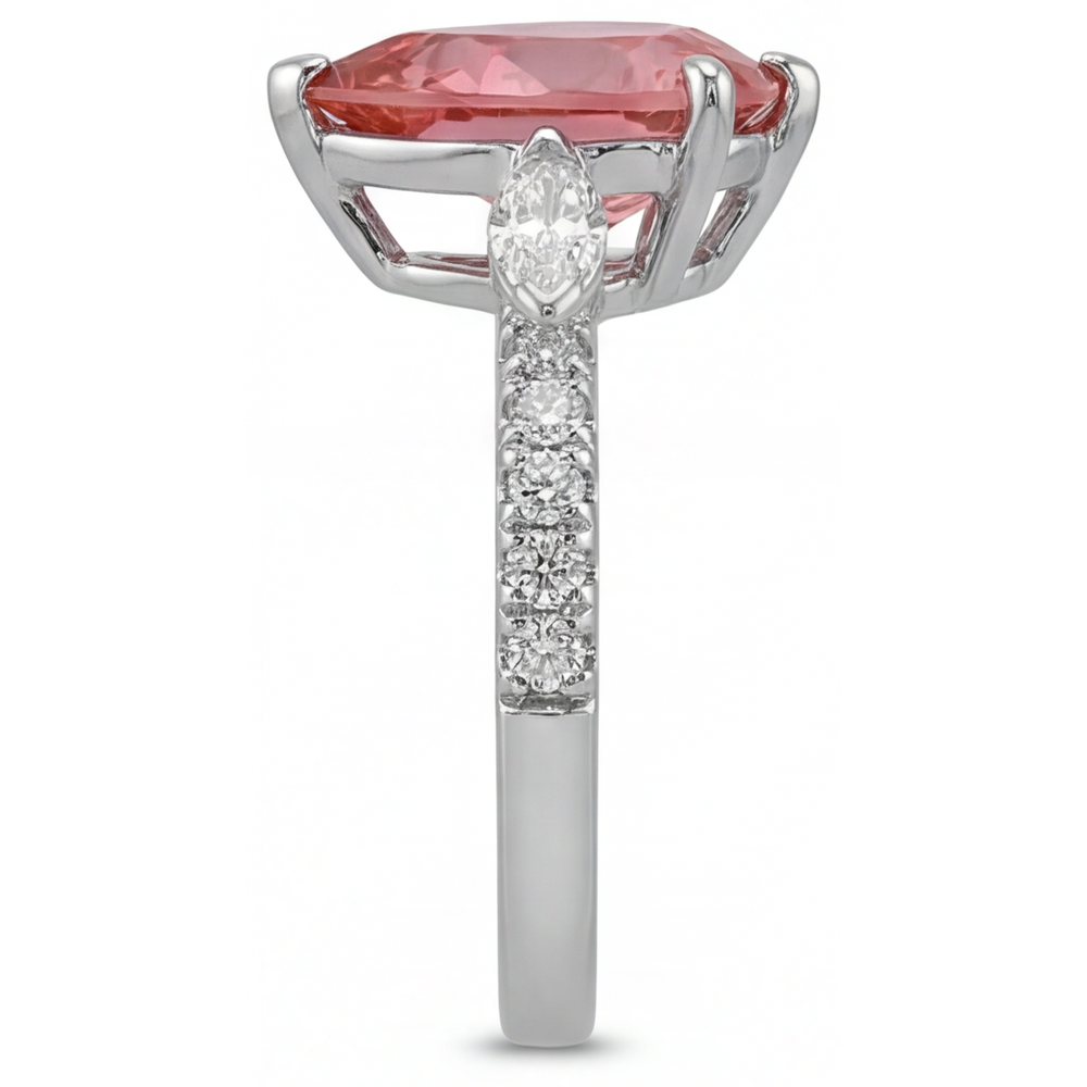 Pear Padparadscha and White Diamond Three Stone Ring Natural 14K White Gold
