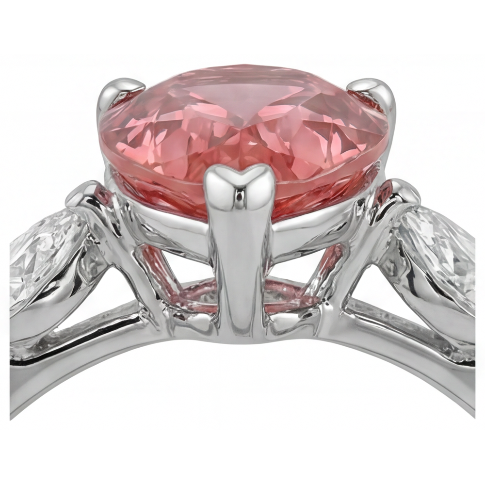 Pear Padparadscha and White Diamond Three Stone Ring Natural 14K White Gold