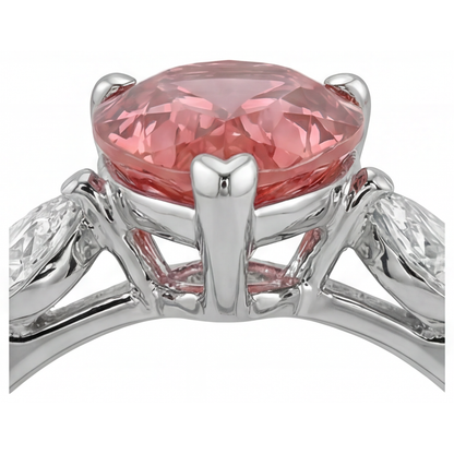Pear Padparadscha and White Diamond Three Stone Ring Natural 14K White Gold