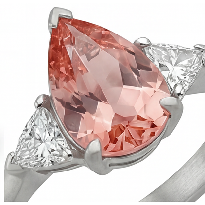 Pear Padparadscha and White Diamond Three Stone Ring Natural 14K White Gold