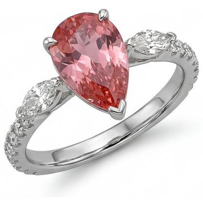 Pear Padparadscha and White Diamond Three Stone Ring Natural 14K White Gold