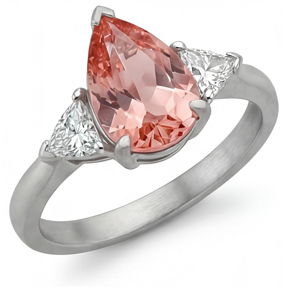 Pear Padparadscha and White Diamond Three Stone Ring Natural 14K White Gold