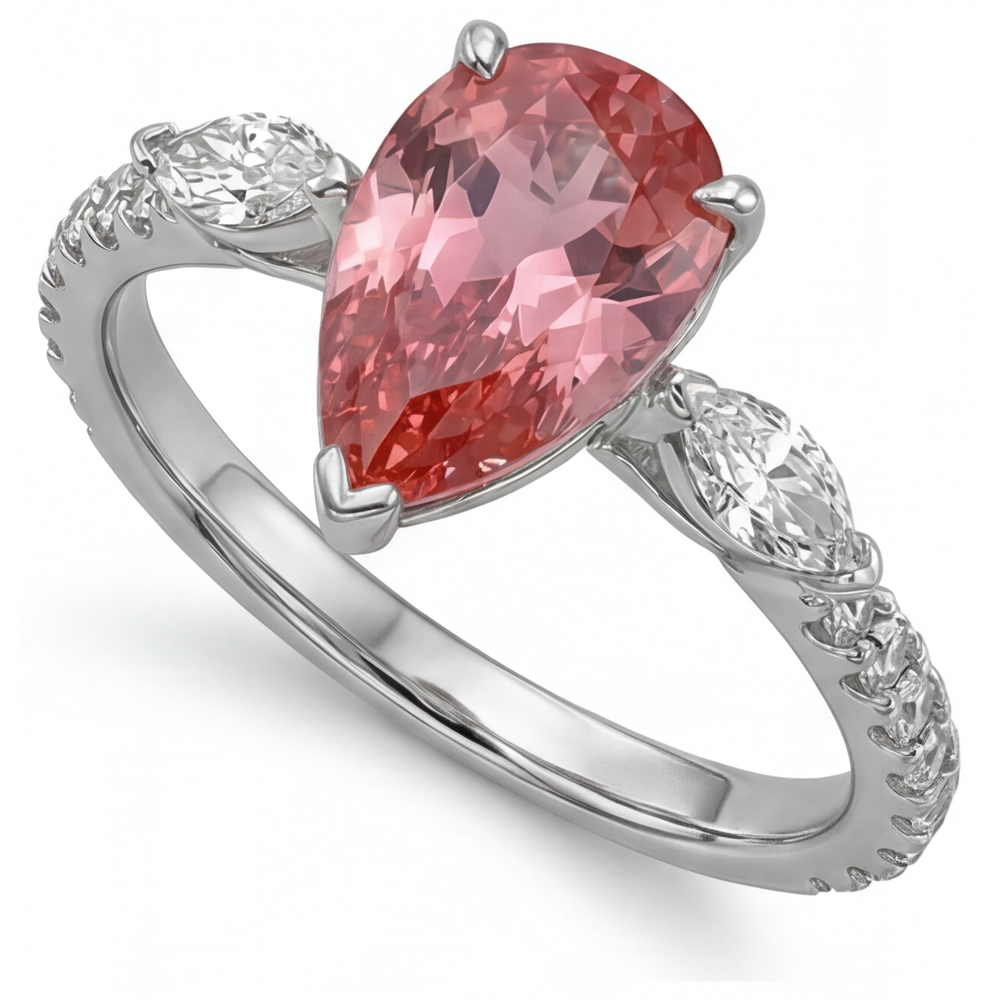 Pear Padparadscha and White Diamond Three Stone Ring Natural 14K White Gold