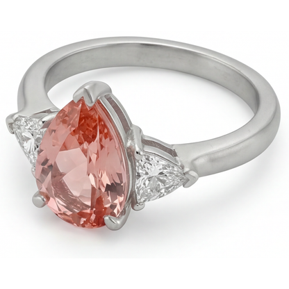 Pear Padparadscha and White Diamond Three Stone Ring Natural 14K White Gold