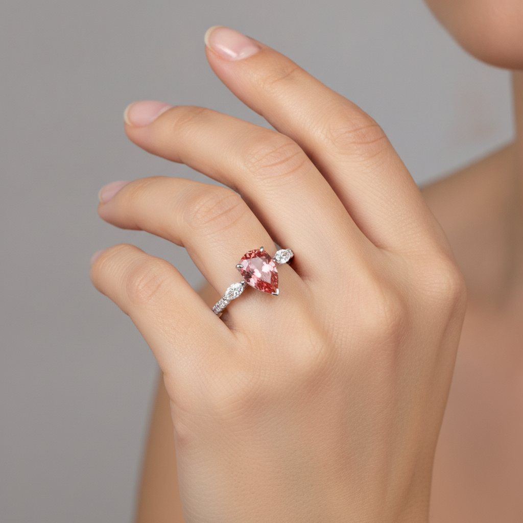 Pear Padparadscha and White Diamond Three Stone Ring Natural 14K White Gold