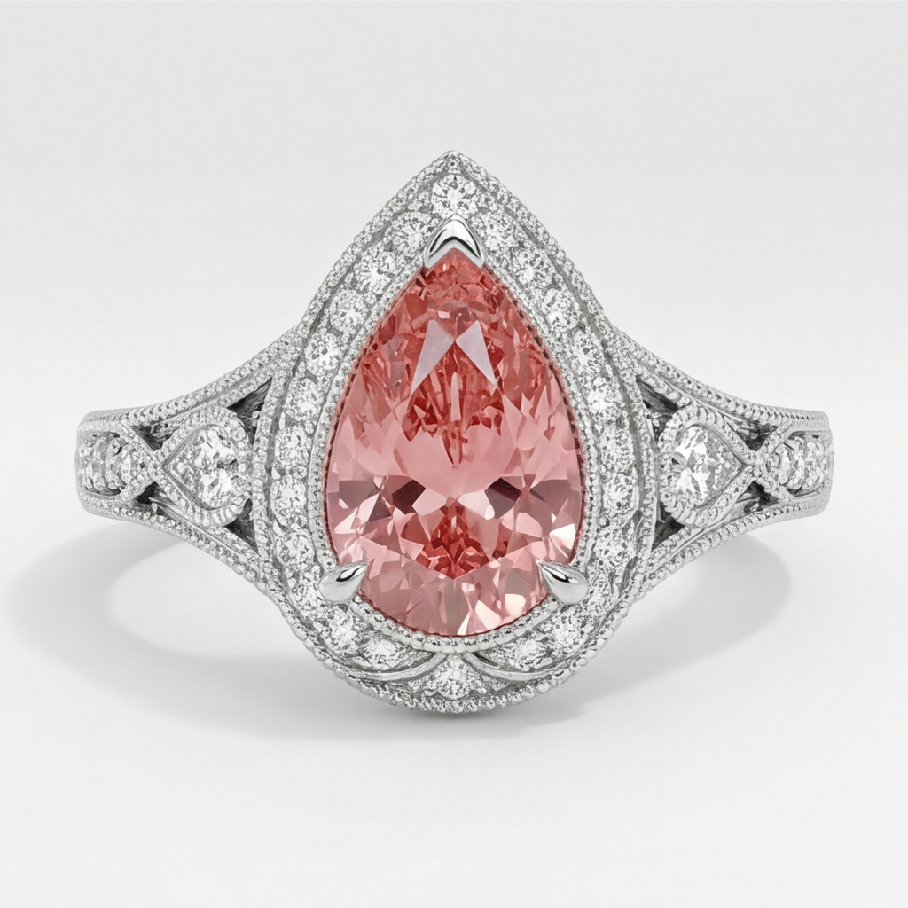 Pear Padparadscha and White Diamond Vintage Halo Ring Natural 14K White Gold