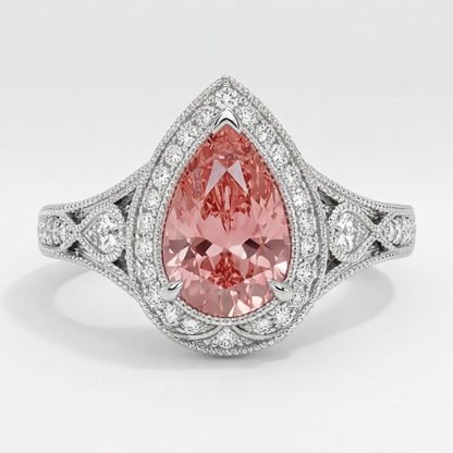 Pear Padparadscha and White Diamond Vintage Halo Ring Natural 14K White Gold