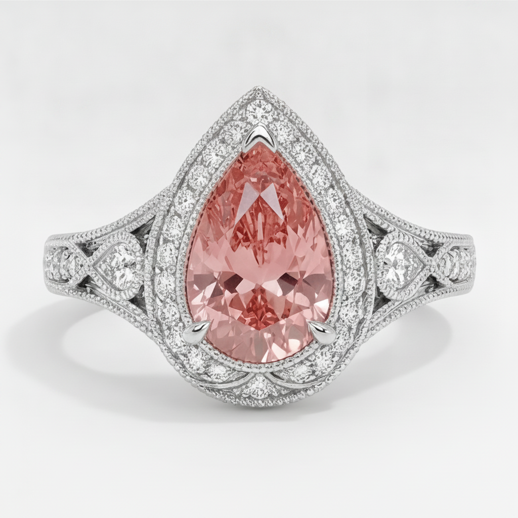 Pear Padparadscha and White Diamond Vintage Halo Ring Natural 14K White Gold