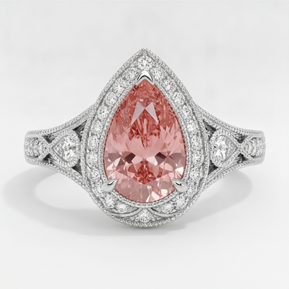 Pear Padparadscha and White Diamond Vintage Halo Ring Natural 14K White Gold