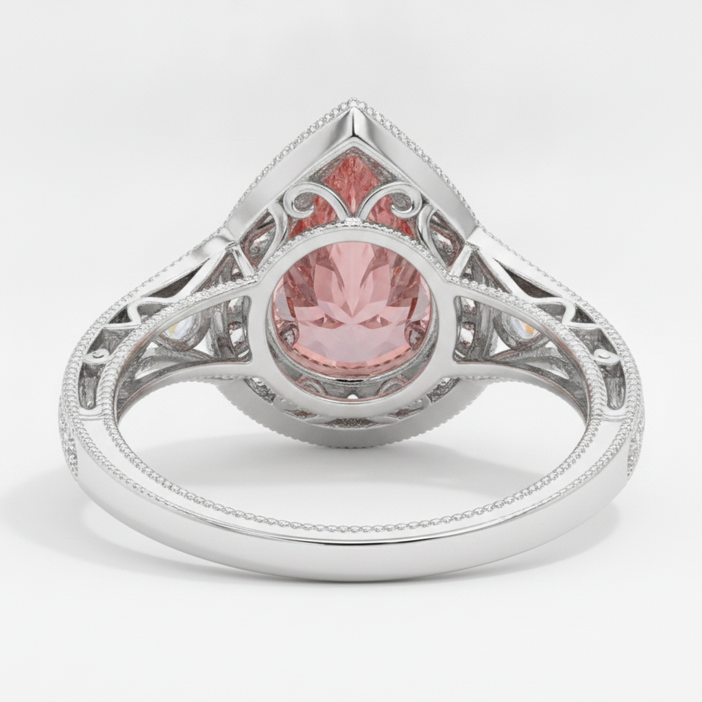 Pear Padparadscha and White Diamond Vintage Halo Ring Natural 14K White Gold