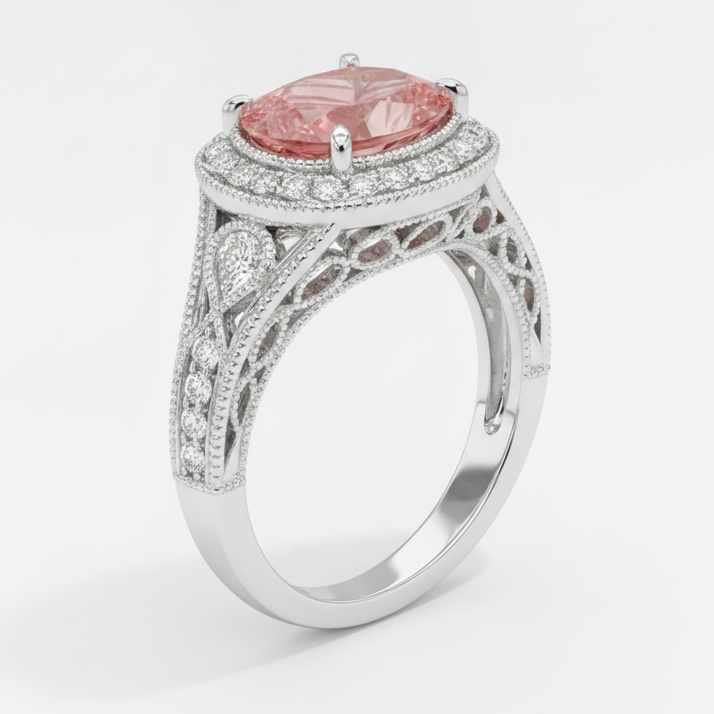 Pear Padparadscha and White Diamond Vintage Halo Ring Natural 14K White Gold