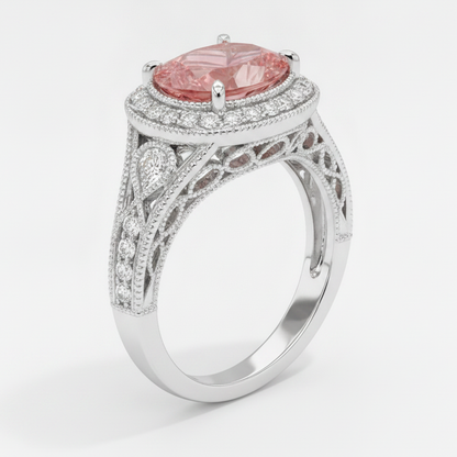 Pear Padparadscha and White Diamond Vintage Halo Ring Natural 14K White Gold