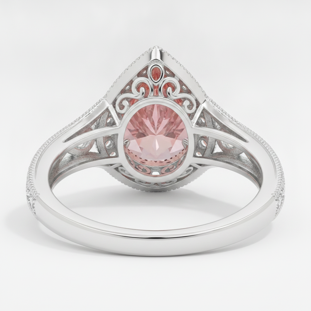 Pear Padparadscha and White Diamond Vintage Halo Ring Natural 14K White Gold
