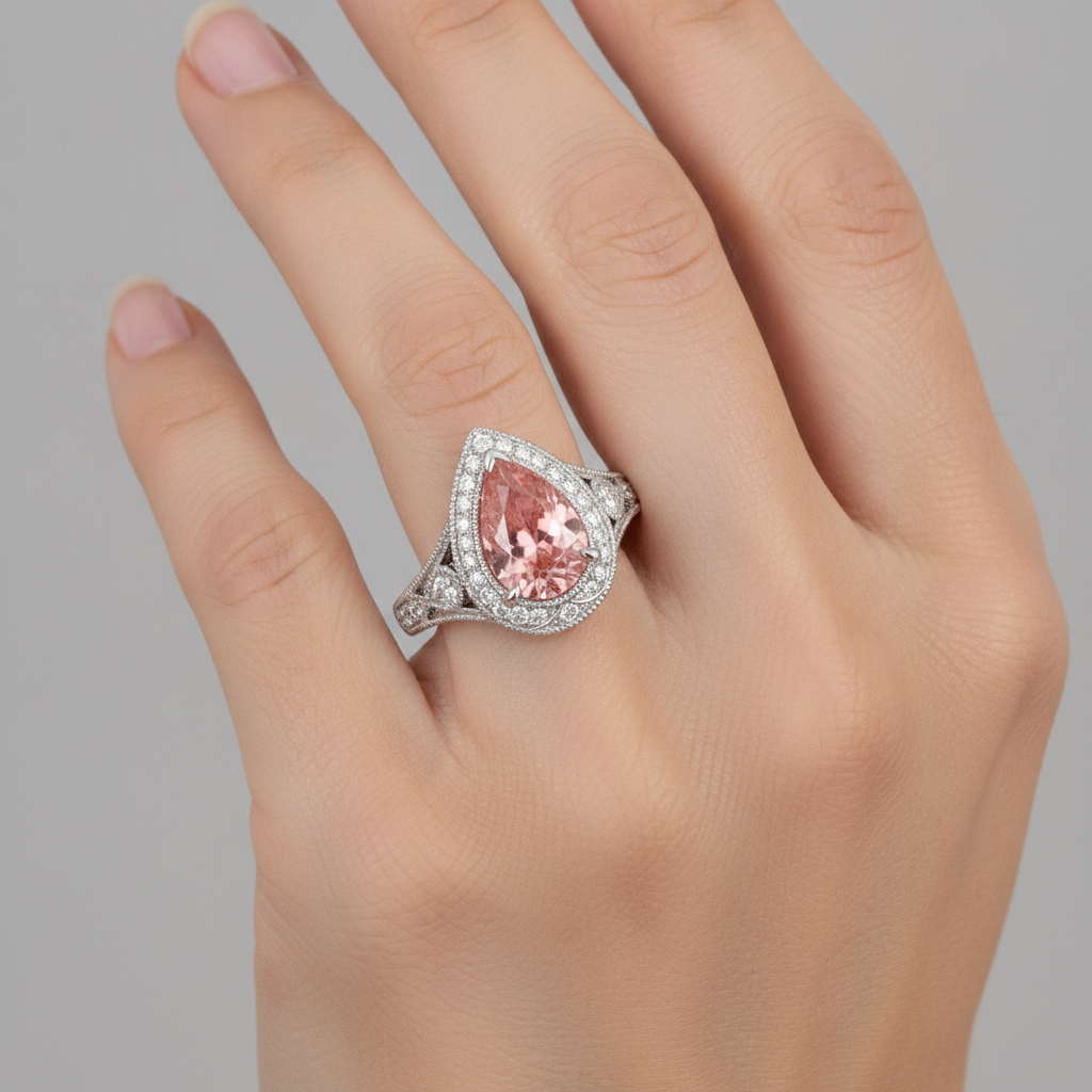Pear Padparadscha and White Diamond Vintage Halo Ring Natural 14K White Gold