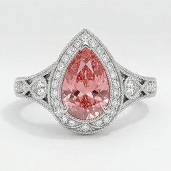 Padparadscha Sapphire Ring 2.5 Carat Real Pear Halo Vintage 14K White Gold
