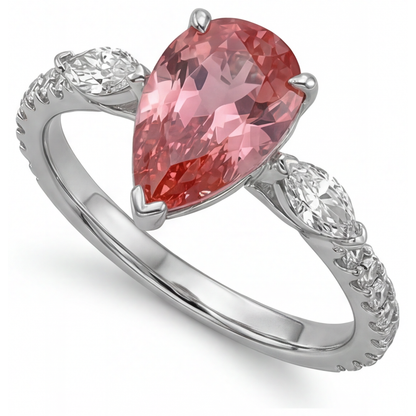 Pear Padparadscha and White Diamond Three Stone Ring Natural 14K White Gold