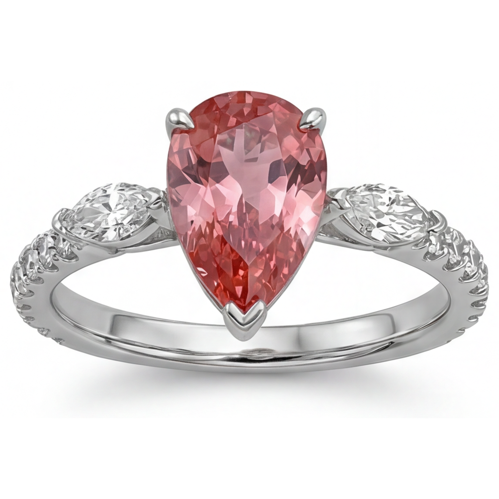 Pear Padparadscha and White Diamond Three Stone Ring Natural 14K White Gold