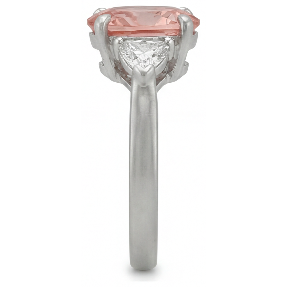 Pear Padparadscha and White Diamond Three Stone Ring Natural 14K White Gold