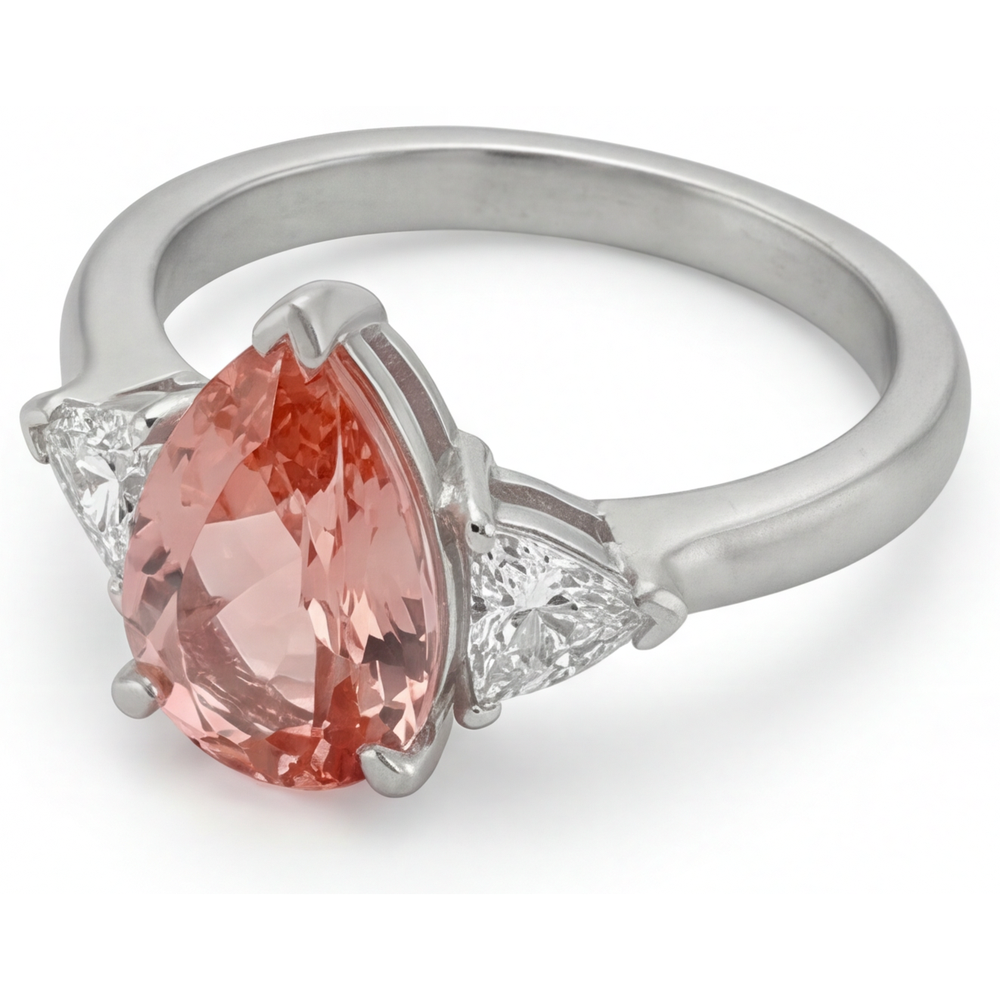 Pear Padparadscha and White Diamond Three Stone Ring Natural 14K White Gold