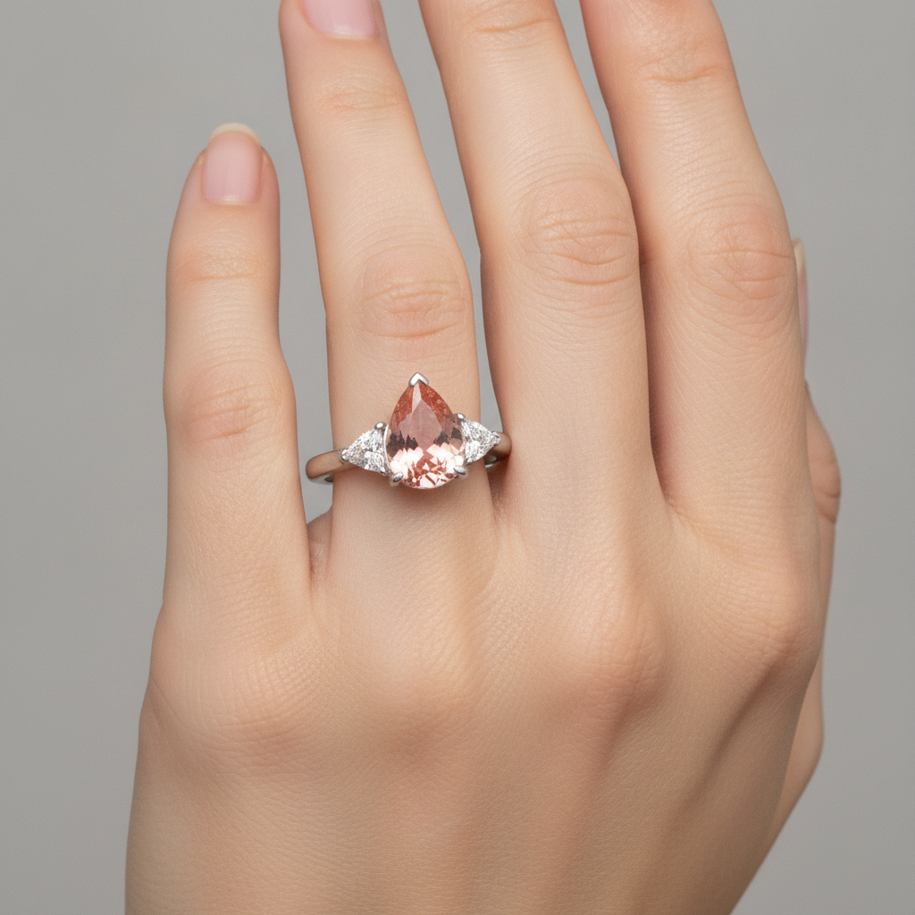 Pear Padparadscha and White Diamond Three Stone Ring Natural 14K White Gold