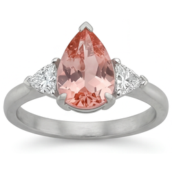 Padparadscha Sapphire Engagement Ring 2.5 Carat Real Pear and White Trilliant Three Stone 14K Gold