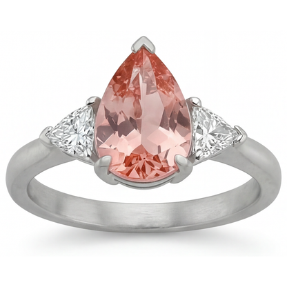 Pear Padparadscha and White Diamond Three Stone Ring Natural 14K White Gold