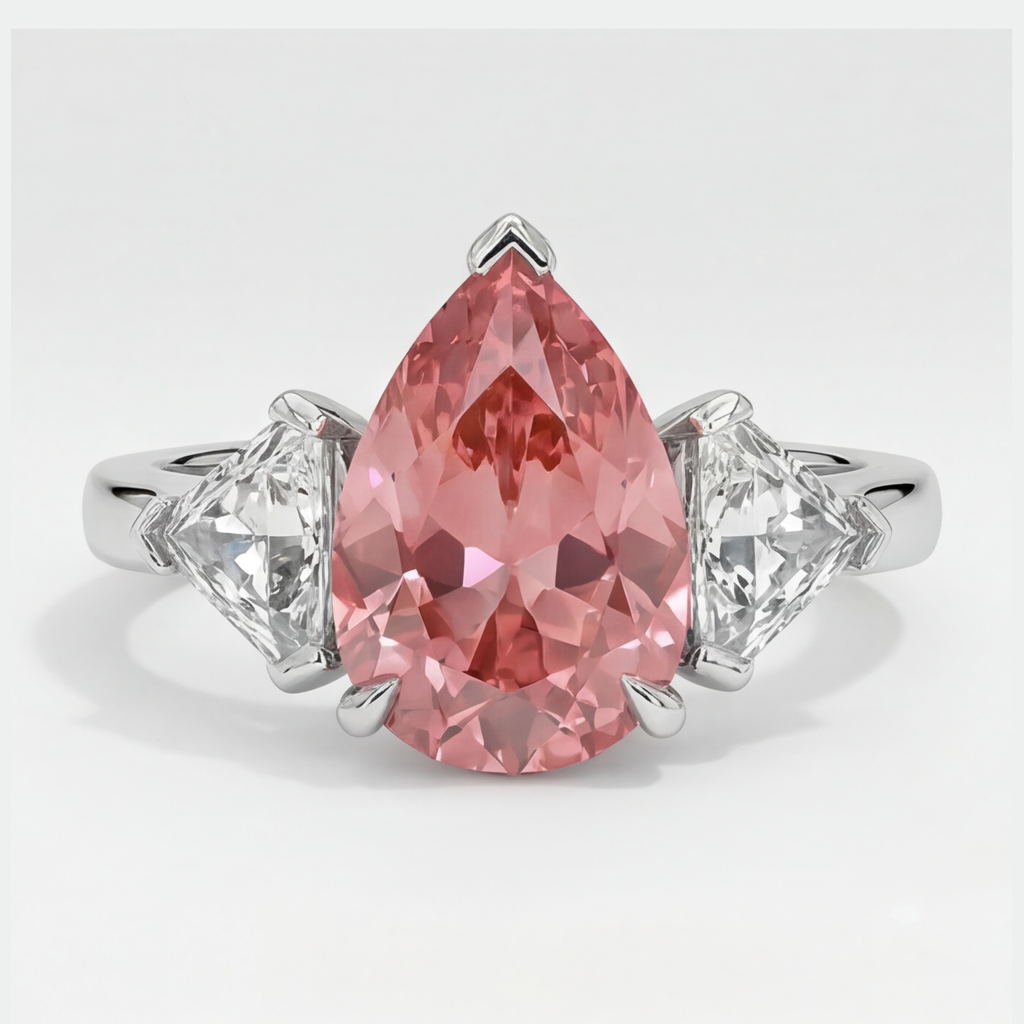 Pear Padparadscha and White Trilliant Three Stone Ring Natural Platinum