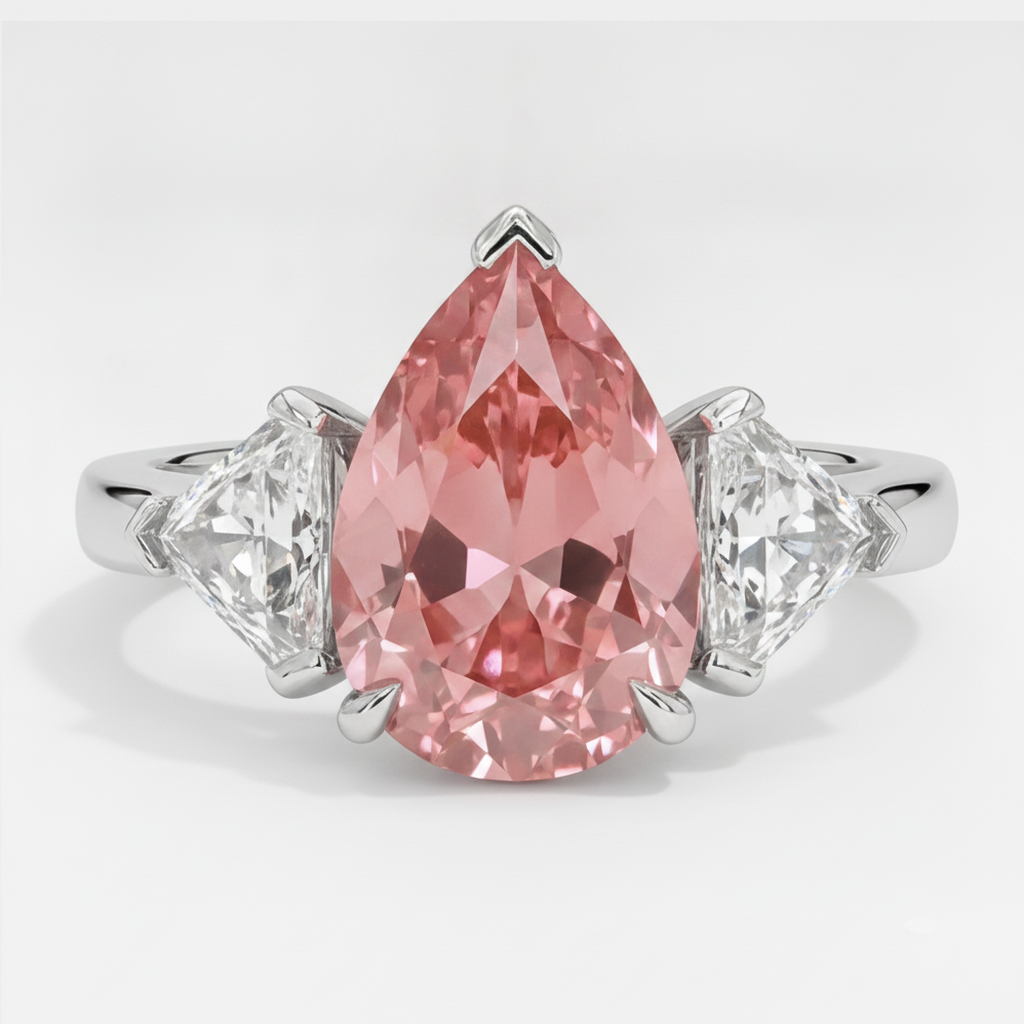 Pear Padparadscha and White Trilliant Three Stone Ring Natural Platinum