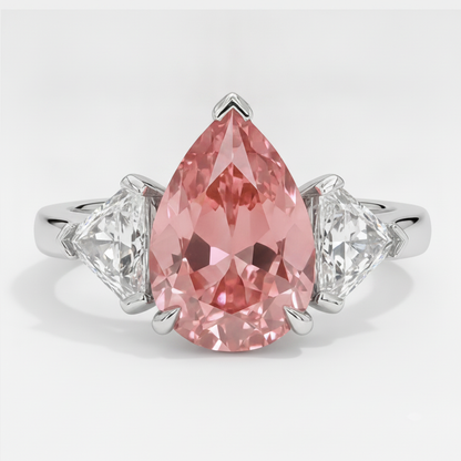 Pear Padparadscha and White Trilliant Three Stone Ring Natural Platinum