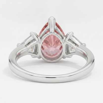 Pear Padparadscha and White Trilliant Three Stone Ring Natural Platinum