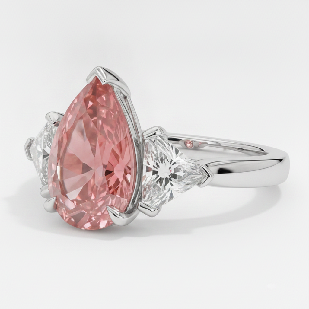 Pear Padparadscha and White Trilliant Three Stone Ring Natural Platinum