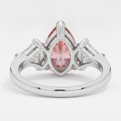 Pear Padparadscha and White Trilliant Three Stone Ring Natural Platinum