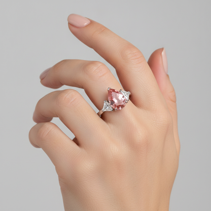 Pear Padparadscha and White Trilliant Three Stone Ring Natural Platinum
