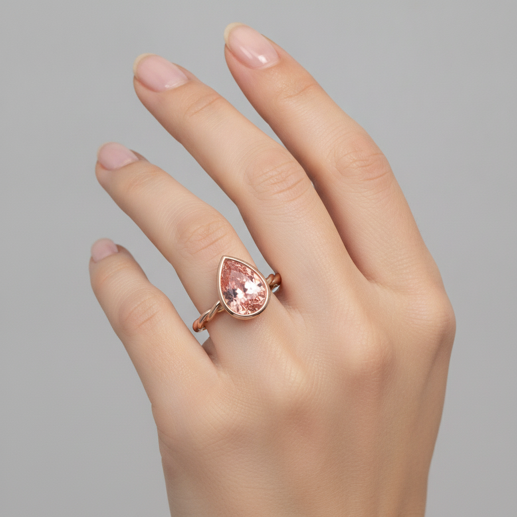 Pear Padparadscha Bezel Solitaire Ring Natural 14K Rose Gold