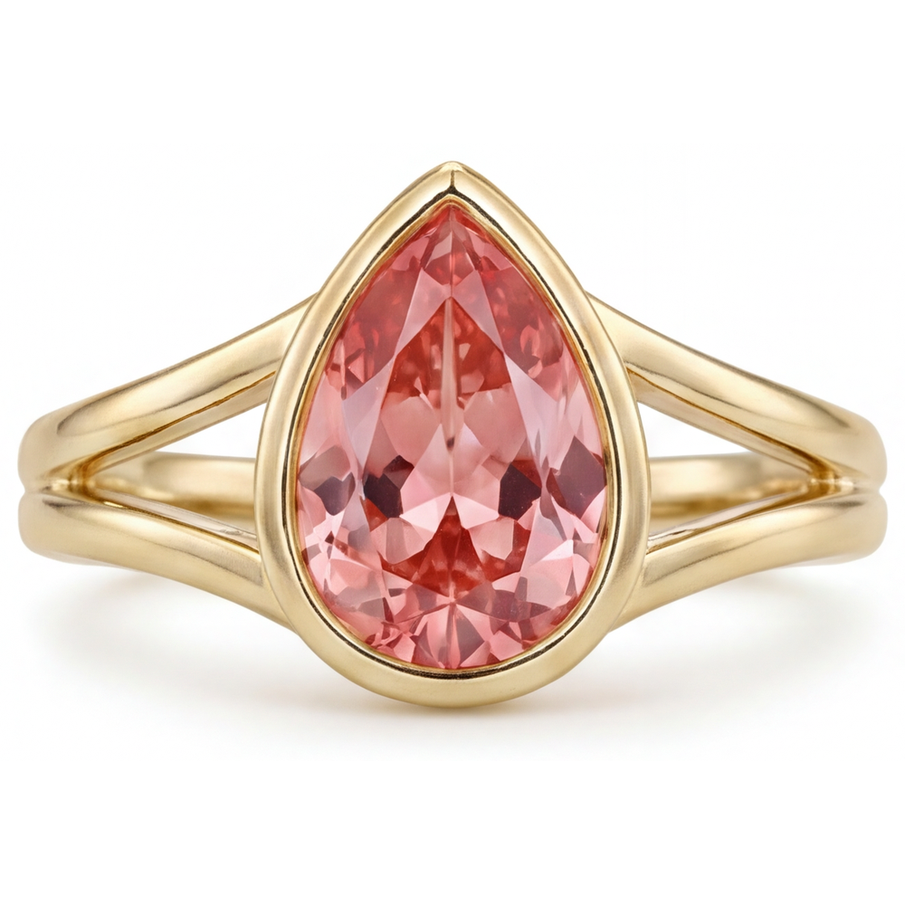 Pear Padparadscha Bezel Solitaire Ring Natural 14K Yellow Gold