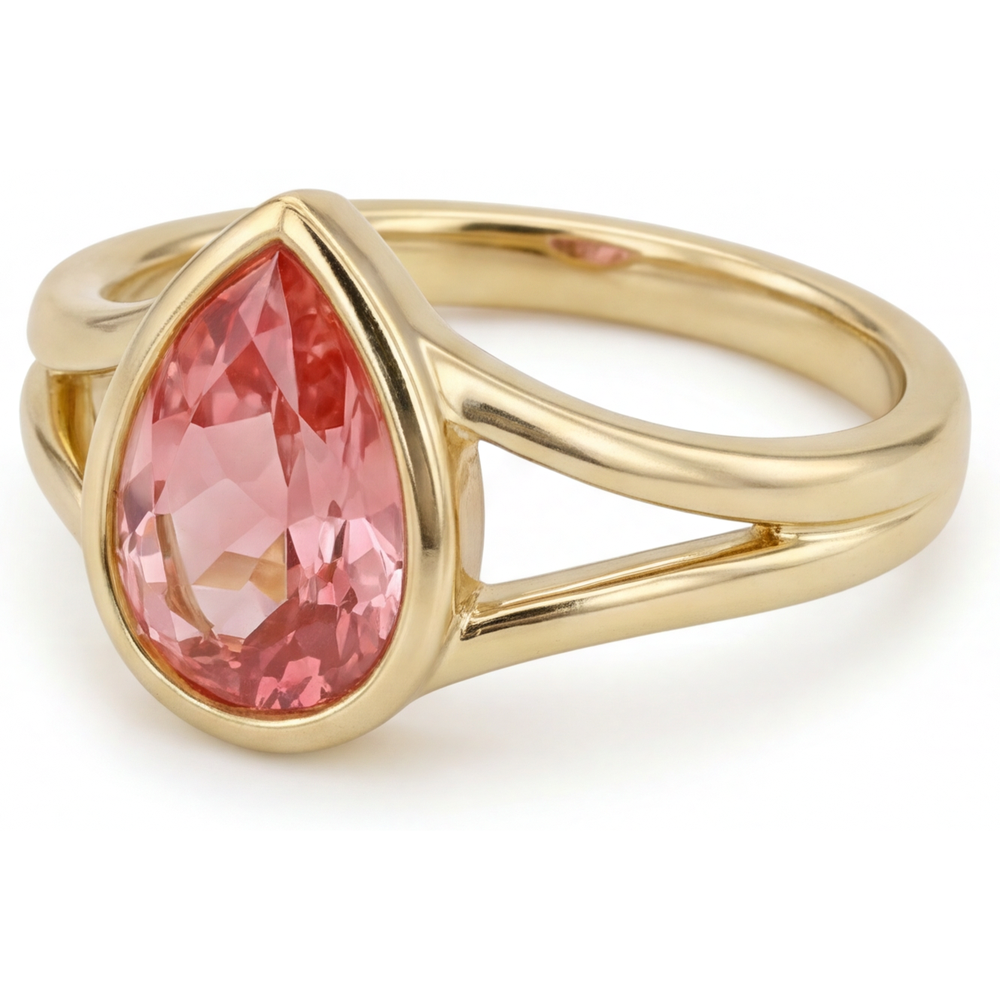 Pear Padparadscha Bezel Solitaire Ring Natural 14K Yellow Gold