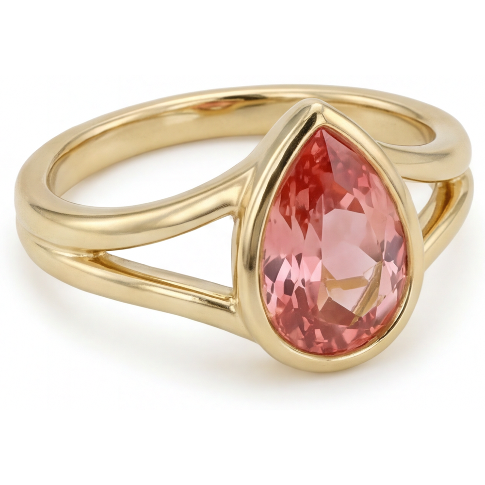 Pear Padparadscha Bezel Solitaire Ring Natural 14K Yellow Gold