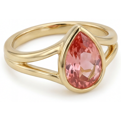 Pear Padparadscha Bezel Solitaire Ring Natural 14K Yellow Gold
