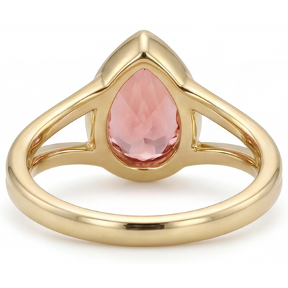 Pear Padparadscha Bezel Solitaire Ring Natural 14K Yellow Gold
