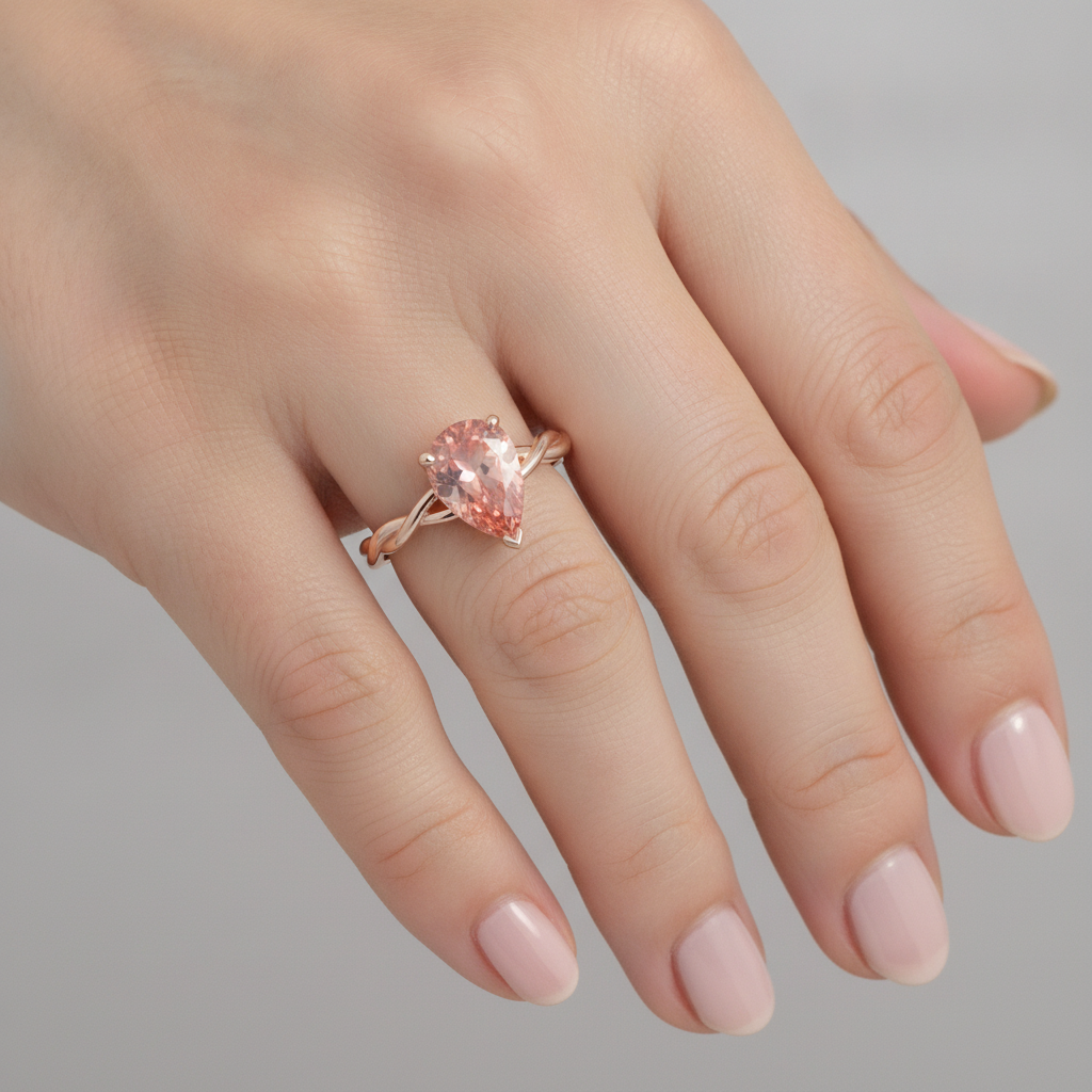 Pear Padparadscha Solitaire Ring Natural 14K Rose Gold