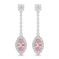 Pink Diamond Drop Earrings 2.5 Carat Lab Grown Marquise Halo Long Dangle 14K White Gold