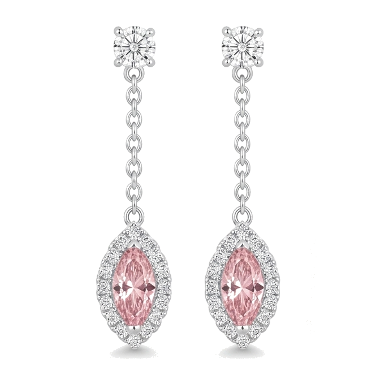 Pink Diamond Drop Earrings 2.5 Carat Lab Grown Marquise Halo Long Dangle 14K White Gold