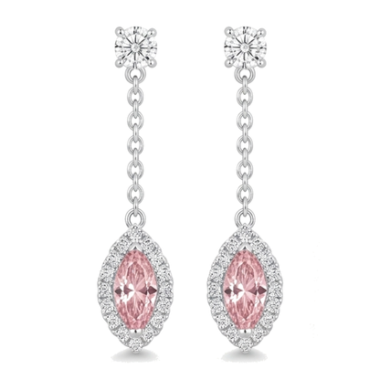 Pink Diamond Drop Earrings 2.5 Carat Lab Grown Marquise Halo Long Dangle 14K White Gold