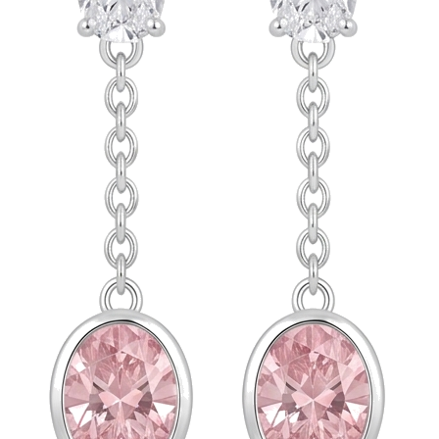 Pink Diamond Drop Earrings 2.5 Carat Lab Grown Oval Bezel Long Dangle 14K White Gold