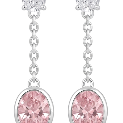 Pink Diamond Drop Earrings 2.5 Carat Lab Grown Oval Bezel Long Dangle 14K White Gold