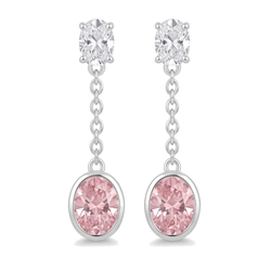 Pink Diamond Drop Earrings 2.5 Carat Lab Grown Oval Bezel Long Dangle 14K White Gold