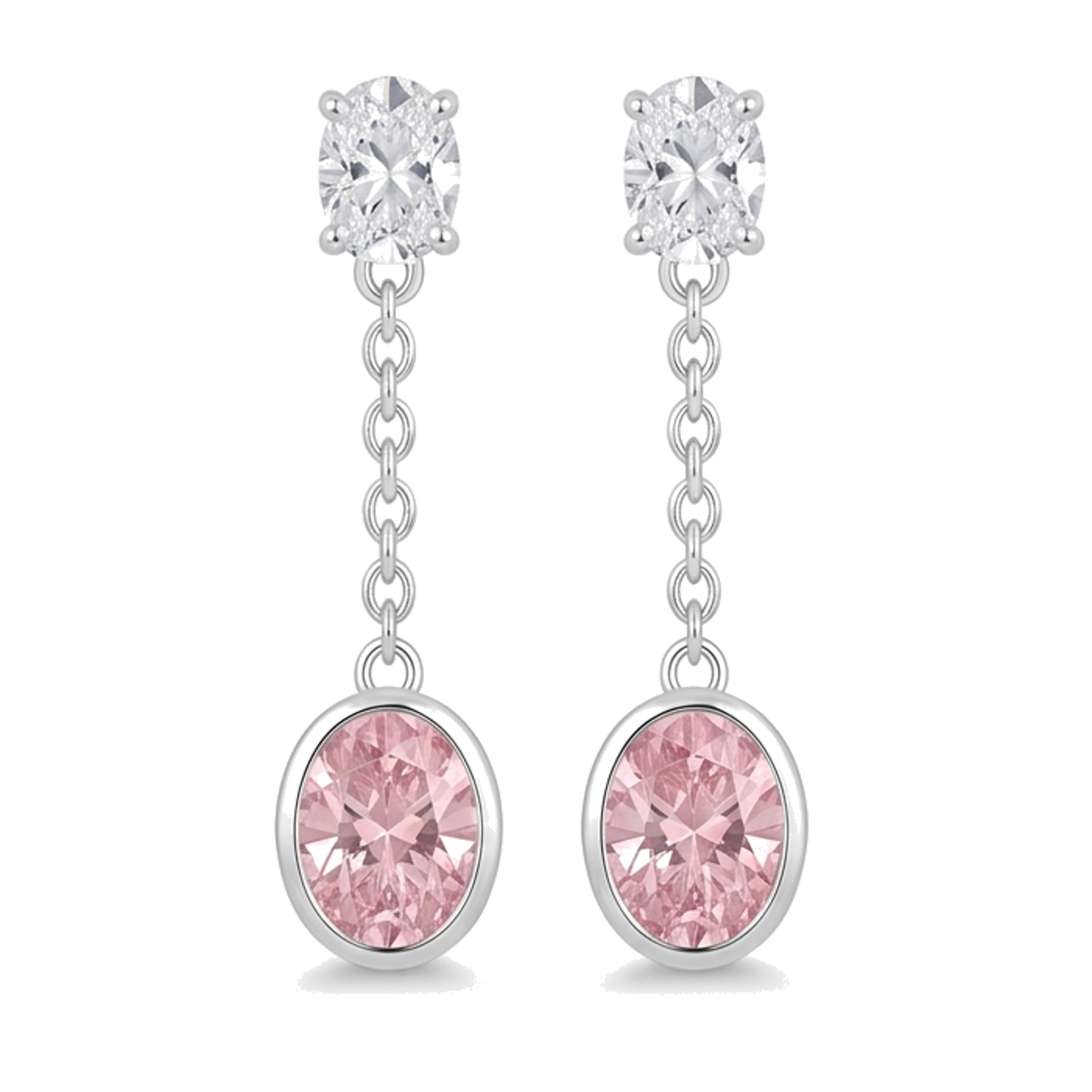 Pink Diamond Drop Earrings 2.5 Carat Lab Grown Oval Bezel Long Dangle 14K White Gold