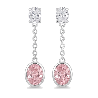Pink Diamond Drop Earrings 2.5 Carat Lab Grown Oval Bezel Long Dangle 14K White Gold