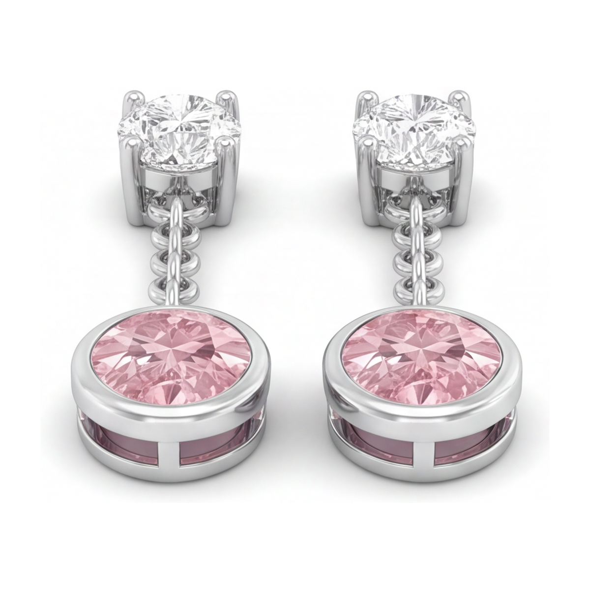 Pink Diamond Drop Earrings 2.5 Carat Lab Grown Oval Bezel Long Dangle 14K White Gold
